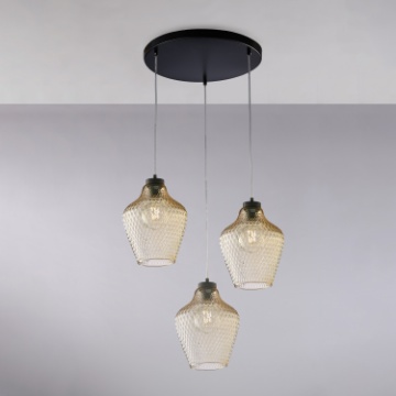 Immagine di Lampadario Cucina Maya Tre PendentiVetro Ambra a Rombi Be Light