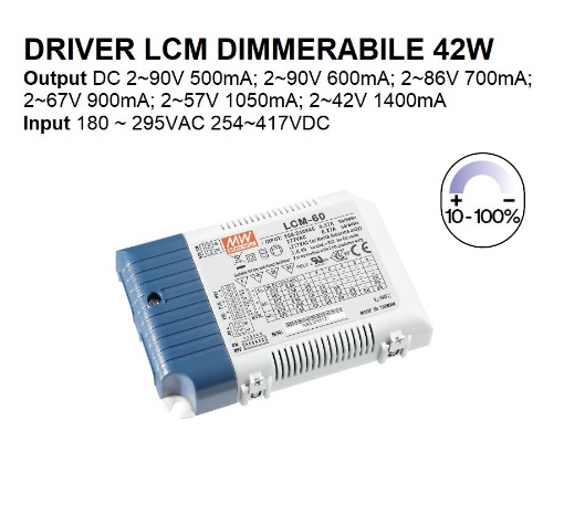 Immagine di Driver Dimmerabile MW LCM 60W Output DC2-90V 500mA Input AC180-295V DC254-417V