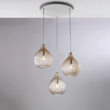 Immagine di Lampadario Rotondo Bianco Con Pendenti Vetro Ambra Diamante Be Light