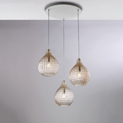 Immagine di Lampadario Rotondo Bianco Con Pendenti Vetro Ambra Diamante Be Light