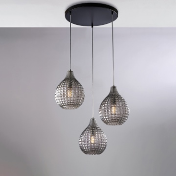 Immagine di Lampadario Rotondo Nero 3 Luci Vetri Grigio Specchiato Diamante Be Light
