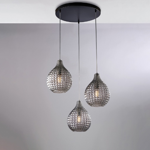 Immagine di Lampadario Rotondo Nero 3 Luci Vetri Grigio Specchiato Diamante Be Light