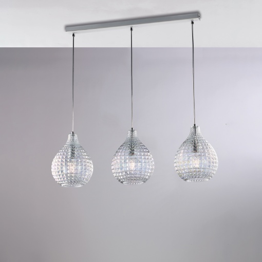 Immagine di Sospensione Moderna 3 Luci in Linea Sfere Vetro Trasparente Diamante Be Light