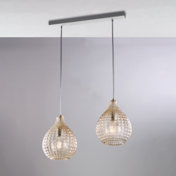 Immagine di Sospensione 2 Luci in Linea per Isola Cucina Vetro Ambra Diamante Be Light