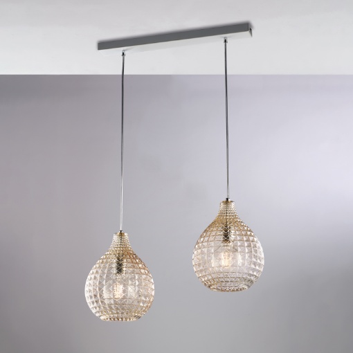 Immagine di Sospensione 2 Luci in Linea per Isola Cucina Vetro Ambra Diamante Be Light