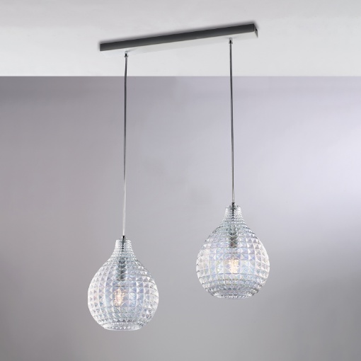 Immagine di Sospensione Lineare Due Pendenti Vetro Trasparente Diamante Be Light