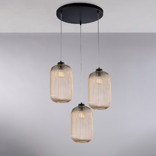 Immagine di Lampadario a Sospensione Tavolo da Pranzo Paralumi Vetro Ambra Decoro Righe Krizia Be Light 