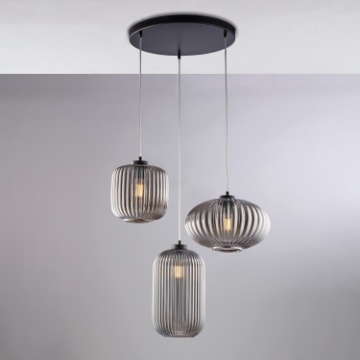 Immagine di Lampadario Soggiorno Tre Bocce Vetro Rigato Fume Glamour Be Light