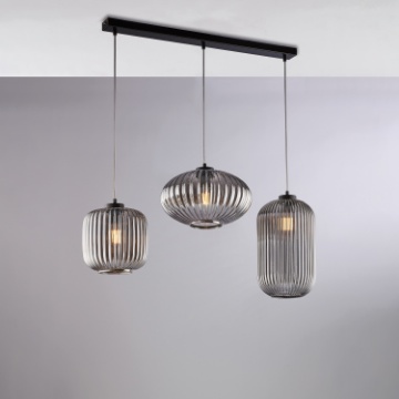 Immagine di Lampadario a Binario Nero Con Bocce Vetro Rigato Grigio Glamour Be Light