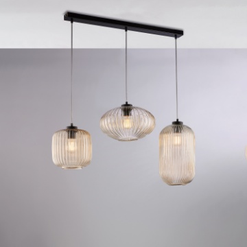 Immagine di Lampadario Binario Con Tre Vetri Rigati Ambra Glamour Be Light