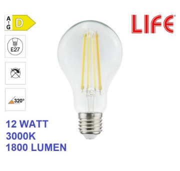 Immagine di Lampadina LED E27 Vetro Goccia A70 12W 3000K Luce Calda Life Electronics