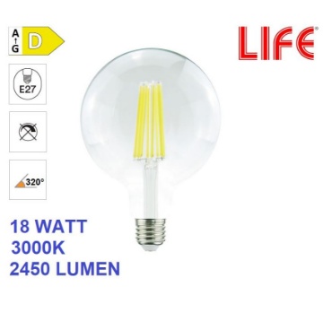 Immagine di Lampadina LED Globo G125 Vetro Trasparente E27 18W 3000K Luce Calda Life