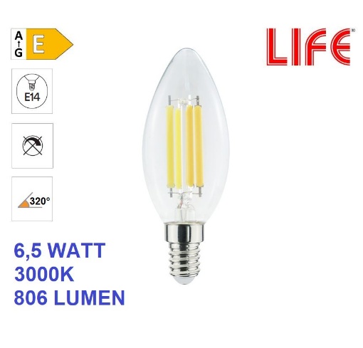 Immagine di Lampadina LED Candela Vetro C35 E14 6,5W 3000K Luce Calda Life Electronics