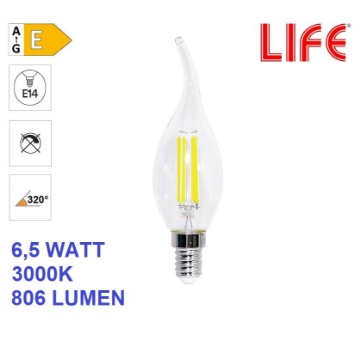 Immagine di Lampadina LED E14 Fiamma Vetro Trasparente CF35 6.5W 3000K Luce Calda Life