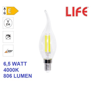 Immagine di Lampadina LED E14 Fiamma Vetro Trasparente CF35 6.5W 4000K Luce Naturale Life