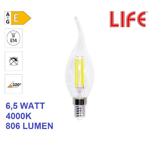 Immagine di Lampadina LED E14 Fiamma Vetro Trasparente CF35 6.5W 4000K Luce Naturale Life