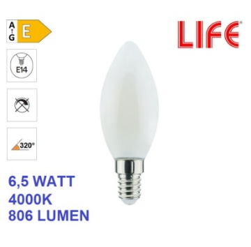 Immagine di Lampadina LED Candela C35 Vetro Milky E14 6.5W 4000K Luce Naturale Life