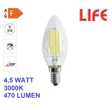 Immagine di Lampadina LED Candela Vetro C35 E14 4.5W 3000K Luce Calda 470Lm Life Electronics