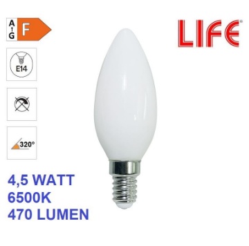 Immagine di Lampadina LED Candela Vetro Bianco C35 Milky E14 4W 6500K Luce Fredda Life