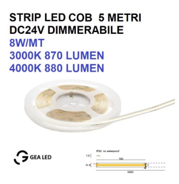 Immagine di Bobina Strip Led Cob 5 Metri Dimmerabile 8W/mt 320 LED/mt DC24V GST143 Gea Led