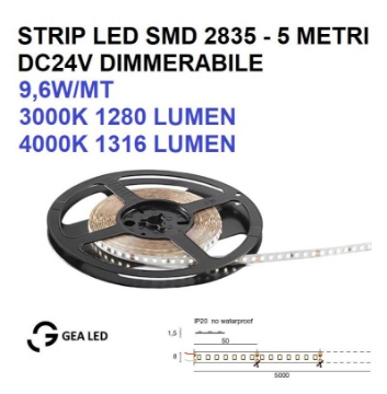 Immagine di Striscia Led SMD 2835 Dimmerabile 9,6W/mt 3000k 4000k 24V Bobina 5Mt GST120 Gea Led