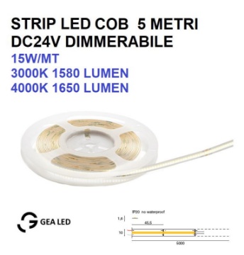 Immagine di Strip LED COB 5 Metri 24V 15W/Mt 528LED/Mt Dimmerabile 3000k 4000k GST144 Gea Led