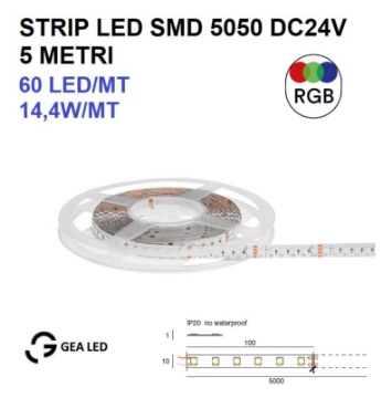 Immagine di Strip Led RGB 14,4W/m Bobina 5 Metri DC24V Per Interni GST062R Gea