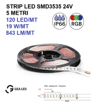 Immagine di Striscia Led RGB 24V Per Esterni Bobina 5Mt 19W Al Metro IP66 GST185R Gea Led