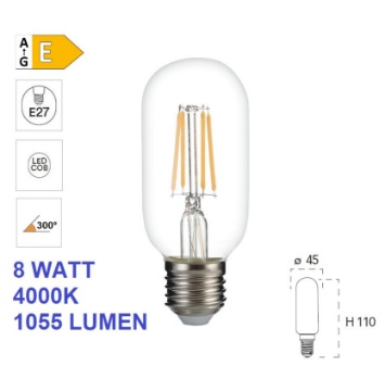Immagine di Lampadina Tubolare E27 Vetro Filamento T45 Led 8W 4000k 1055 Lumen 300°