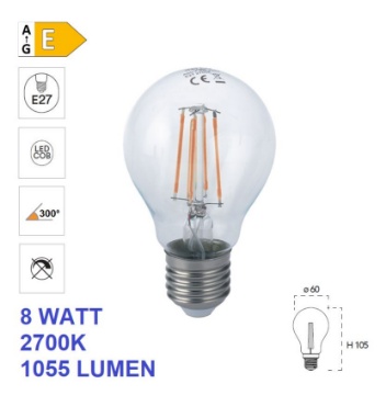 Immagine di Lampadina E27 Vetro Filamento Led 8W 2700K Luce Calda 1055 Lumen 300°