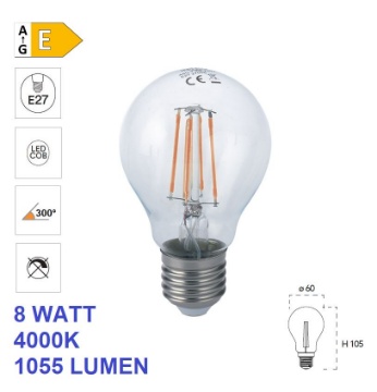 Immagine di Lampadina E27 Vetro Filamento Led 8W 4000k Luce Naturale 1055 Lumen