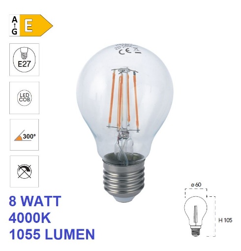 Immagine di Lampadina E27 Vetro Filamento Led 8W 4000k Luce Naturale 1055 Lumen