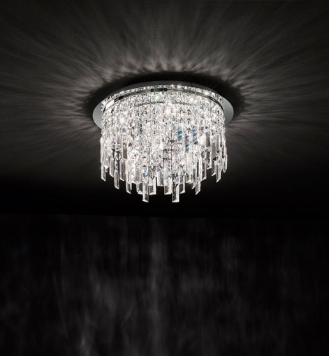 Immagine di Plafoniera Di Cristallo Rotonda Cromo 45cm Frangia Affralux