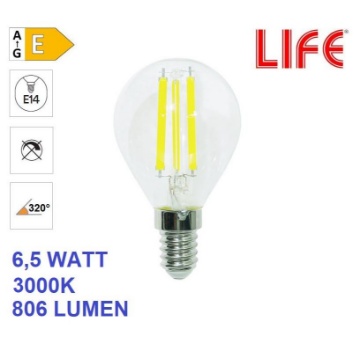 Immagine di Lampadina LED E14 Vetro Trasparente 6.5W 3000K Luce Calda Life Electronics