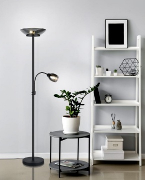 Immagine di Piantana Salotto 2 Luci Nero Con Vetro Fumè Braccio Orientabile Gerry Trio Lighting