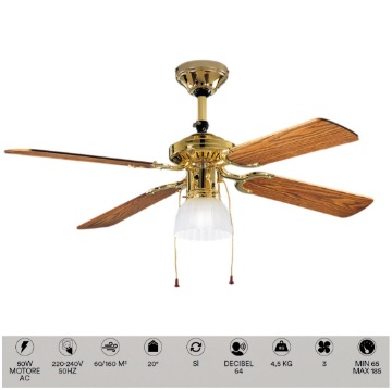 Immagine di Ventilatore Pale Da Soffitto Ottone Lucido Legno Noce 3 Velocità Comando A Catena Gemini Perenz