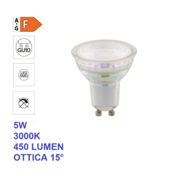 Immagine di Lampadina GU10 Vetro Led 5w 3000k Luce Calda 450Lm Ottica 15° Fascio Stretto