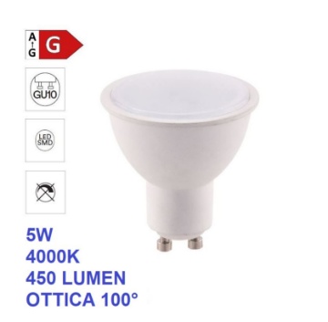 Immagine di Lampadina GU10 LED 5w 4000k 450 Lumen Luce Naturale Ottica 100°