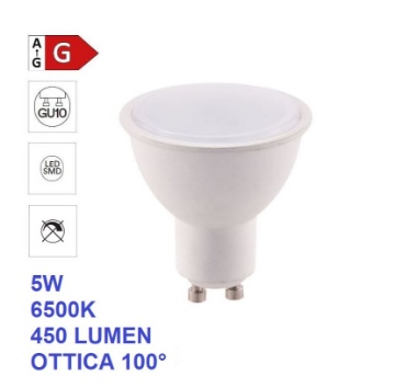 Immagine di Lampadina GU10 LED 5w 6500k Luce Bianca Fredda Ottica 100 Gradi