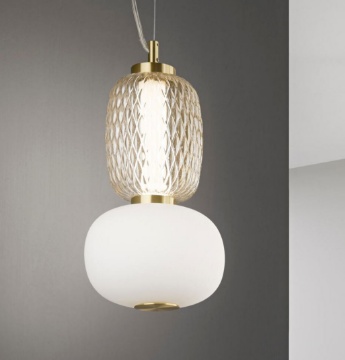 Immagine di Lampada Pendente Per Comodini Sospensione Led 3000k Con Vetri Ambra Bianco Totem Fan Europe