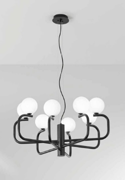 Immagine di Lampadario Moderno Nero 8 Sfere Vetro Bianco Per Soggiorno Jeppy Ondaluce