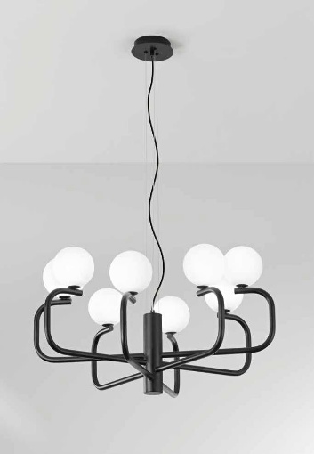 Immagine di Lampadario Moderno Nero 8 Sfere Vetro Bianco Per Soggiorno Jeppy Ondaluce