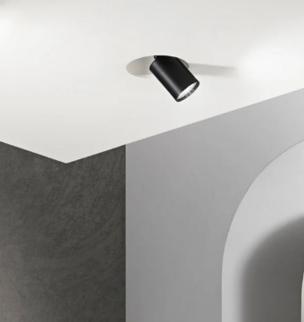 Immagine di Incasso Gesso Con Faretto Cilindro Nero Orientabile GU10 Led Vulkan Intec