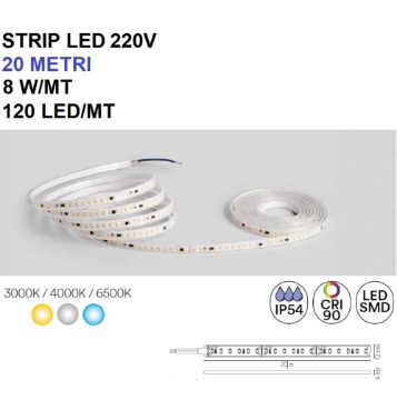Immagine di Strip Led 220V Per Esterno 20 Metri 8w/m 120Led/m IP54 Intec Light
