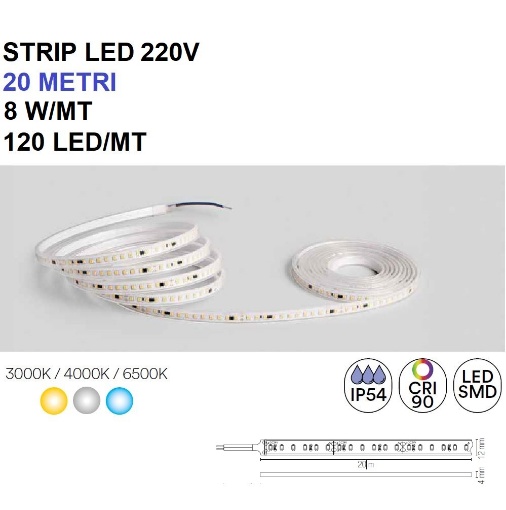 Immagine di Strip Led 220V Per Esterno 20 Metri 8w/m 120Led/m IP54 Intec Light