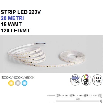 Immagine di Strip Led 220V Da Interno Esterno 20 Metri 15w/m 120Led/m IP54 Intec Light