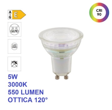Immagine di Lampadina LED GU10 In Vetro 5w 3000k Luce Calda 550Lm Ottica 120 CRI90