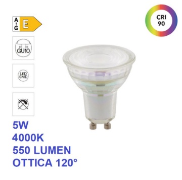 Immagine di Lampadina LED GU10 In Vetro 5w 4000k Luce Naturale 550Lm 120° CRI90