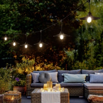 Immagine di Catena Luminosa Da Giardino Con Paralumi 10 Luci E27 Chain Nero 6,5mt IP44 Trio Lighting