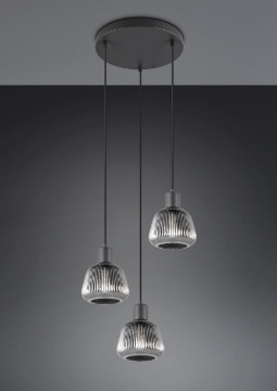 Immagine di Lampadario Rotondo Nero 3 Luci Vetro Rigato Cromo Per Salotto Tarifa Trio Lighting